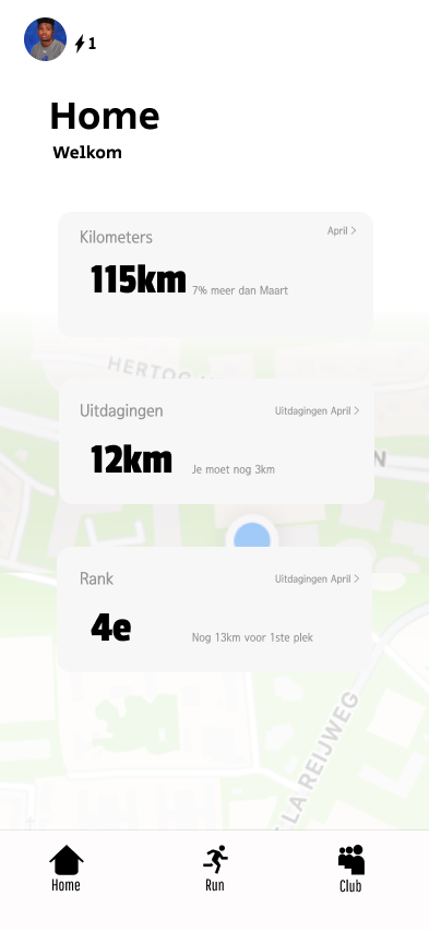 App — Home met overzicht kilometers & uitdagingen